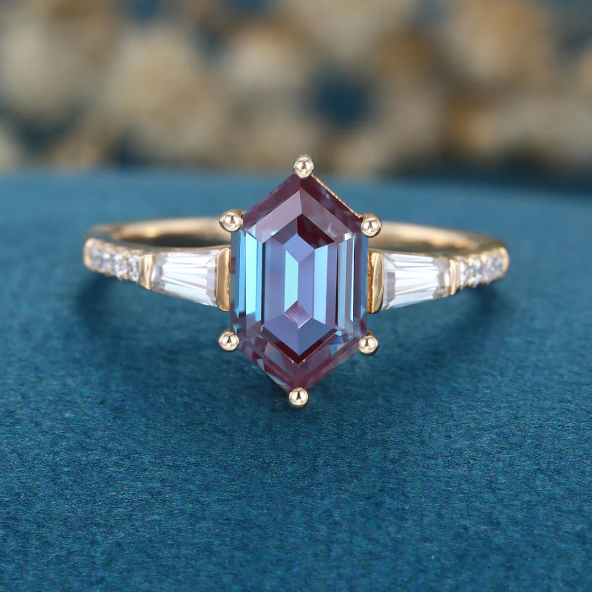 Hexagon cut Lab Alexandrite Solid Gold Engagement Ring - Image 6