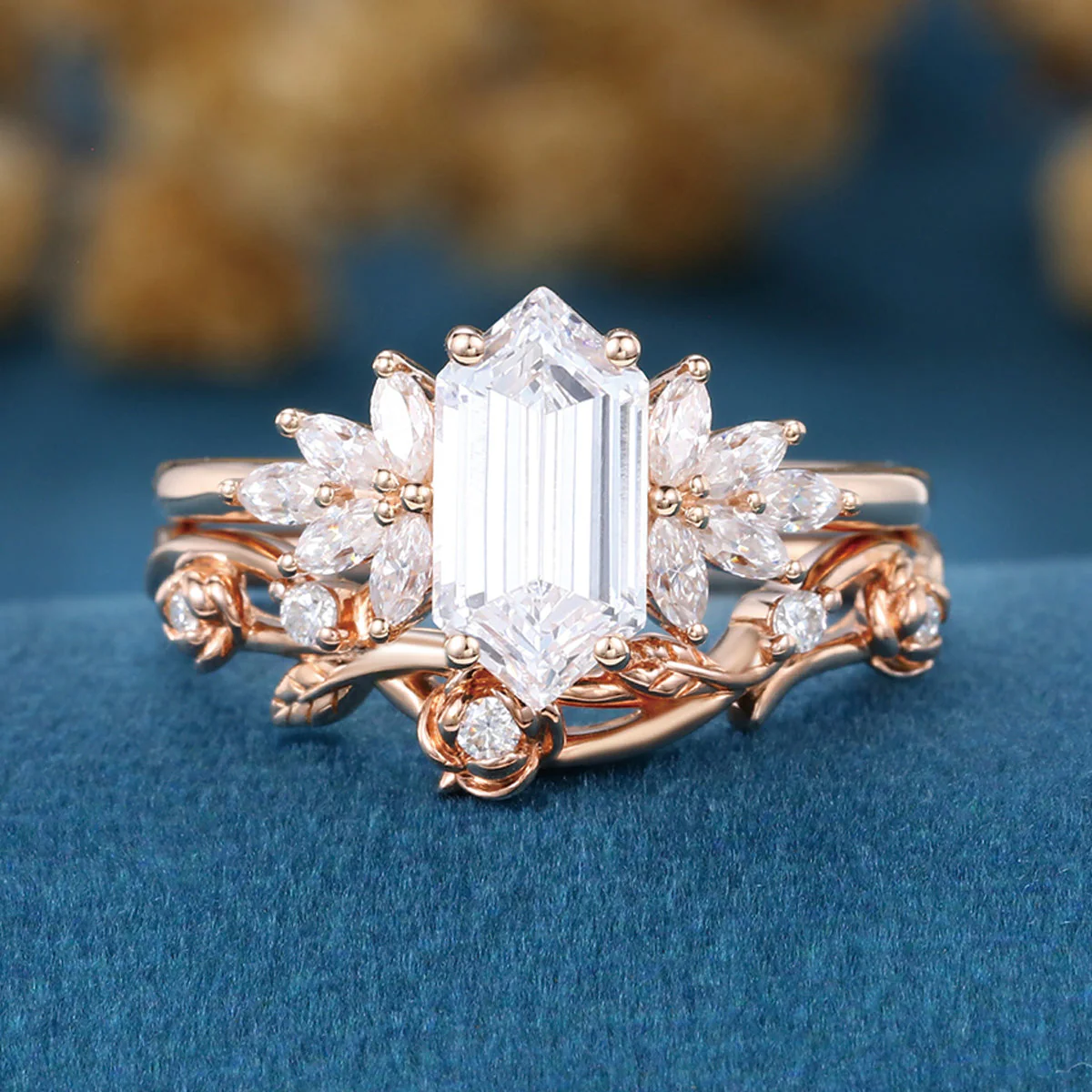 Hexagon cut Lab grown Diamond Wedding bridal set - Image 3