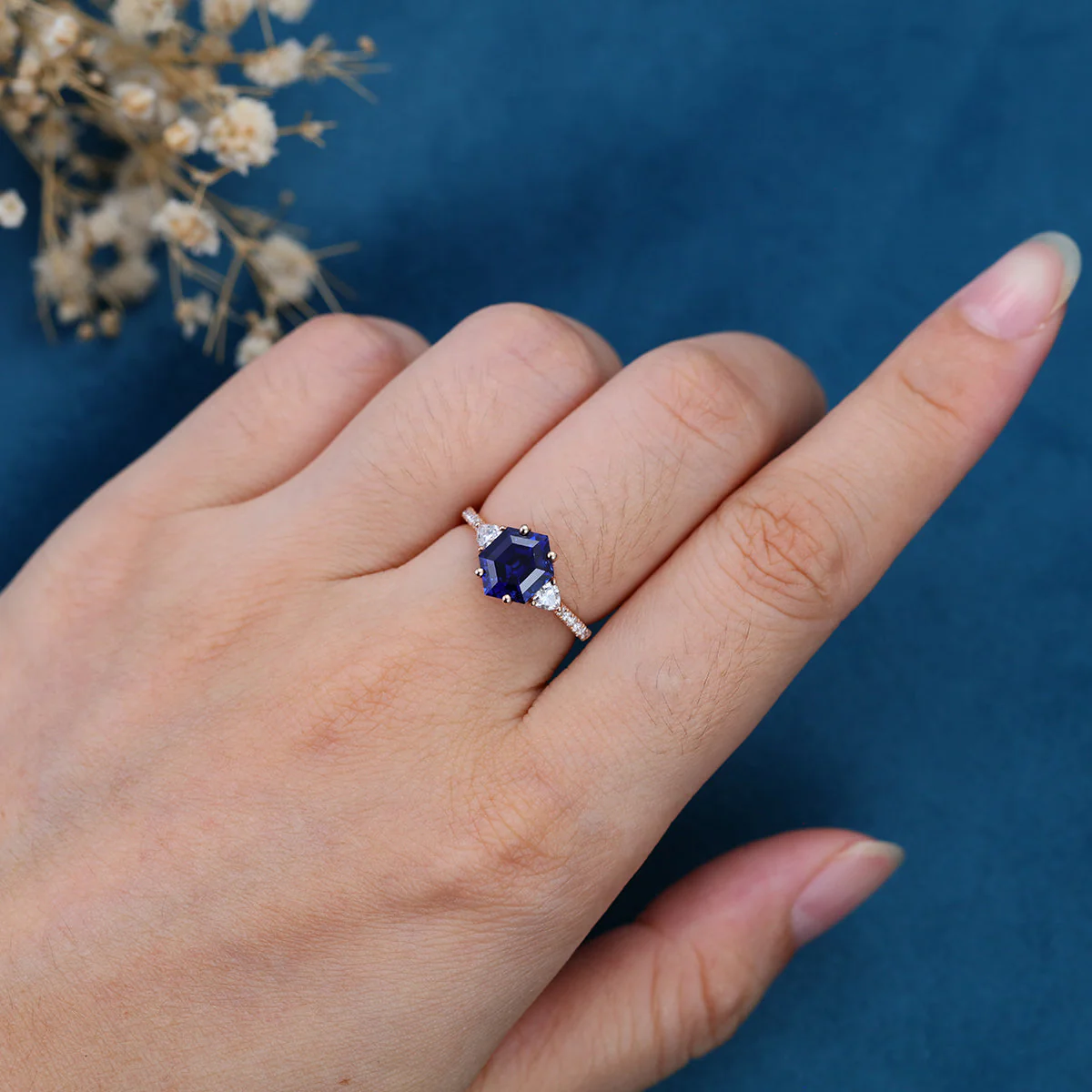 Hexagon cut Lab Blue Sapphire Solid Gold Engagement Ring - Image 2