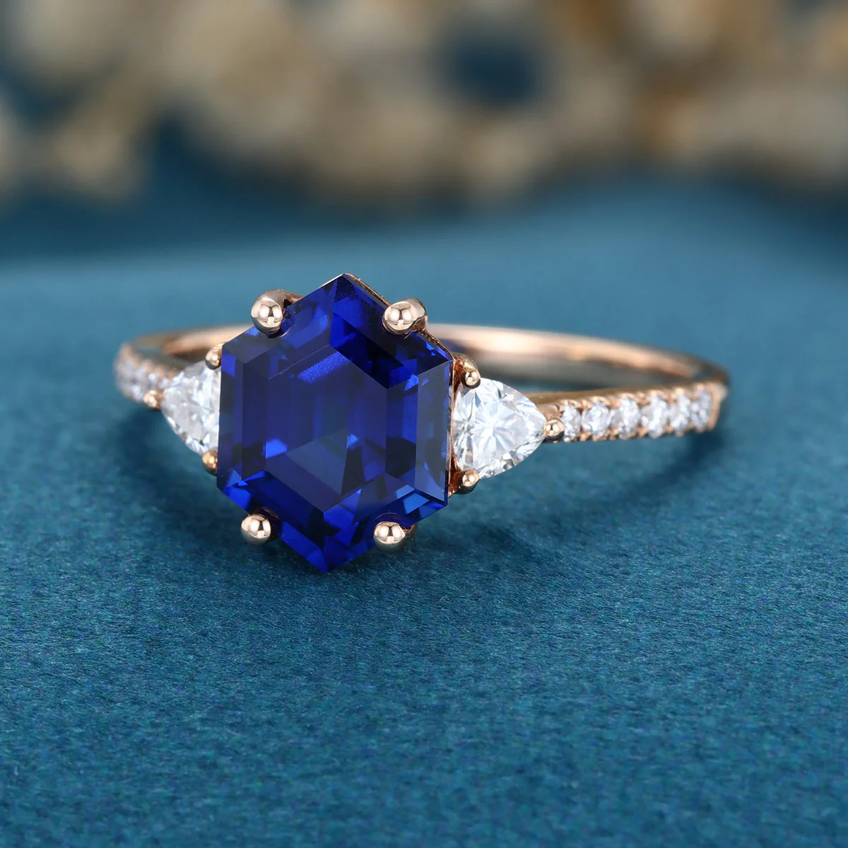 Hexagon cut Lab Blue Sapphire Solid Gold Engagement Ring - Image 4