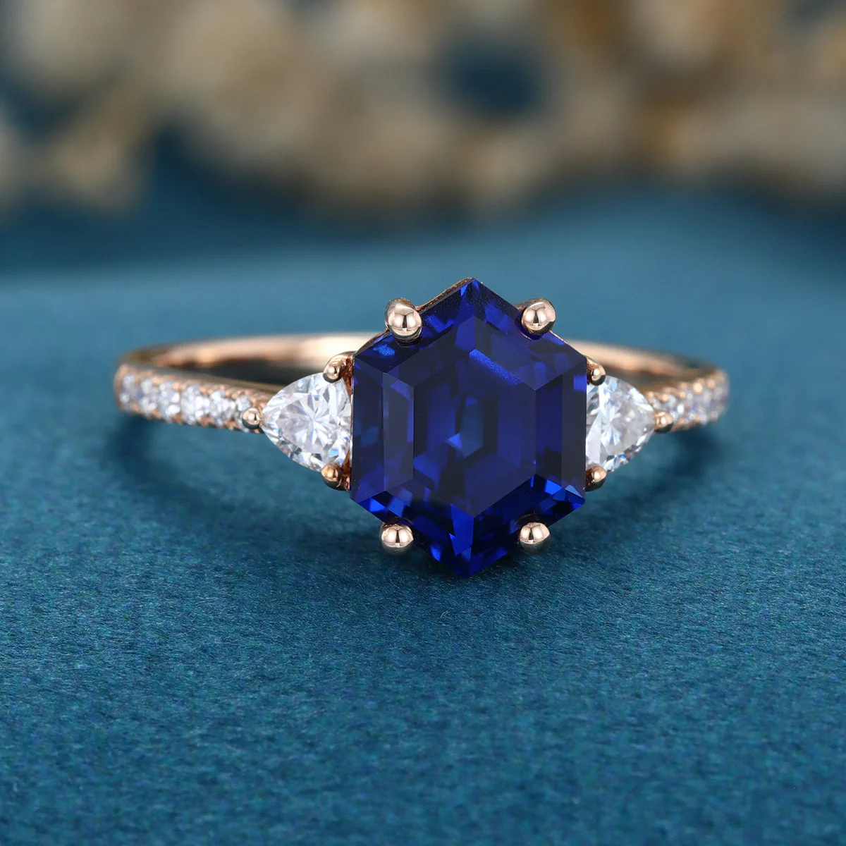 Hexagon cut Lab Blue Sapphire Solid Gold Engagement Ring - Image 5