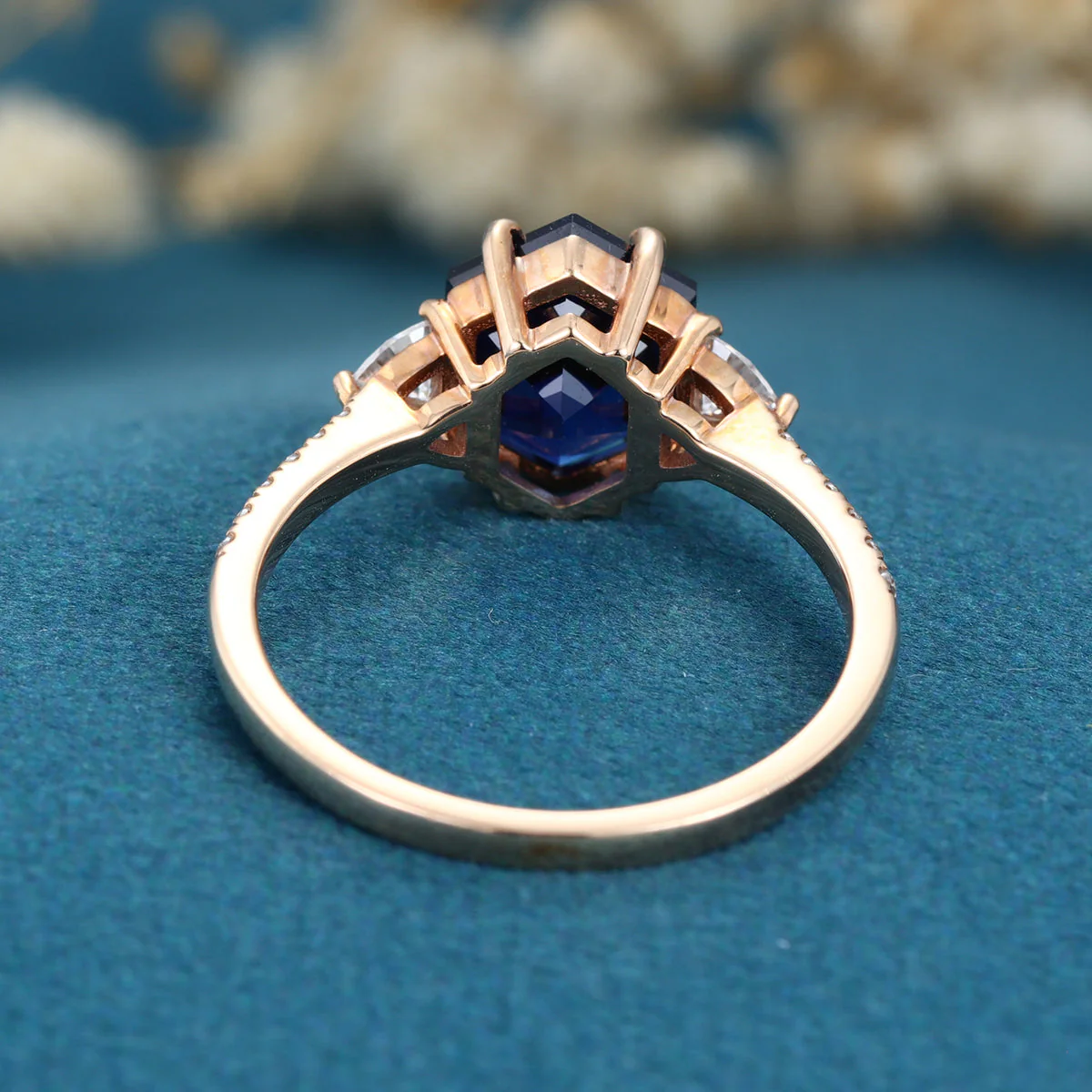 Hexagon cut Lab Blue Sapphire Solid Gold Engagement Ring - Image 6