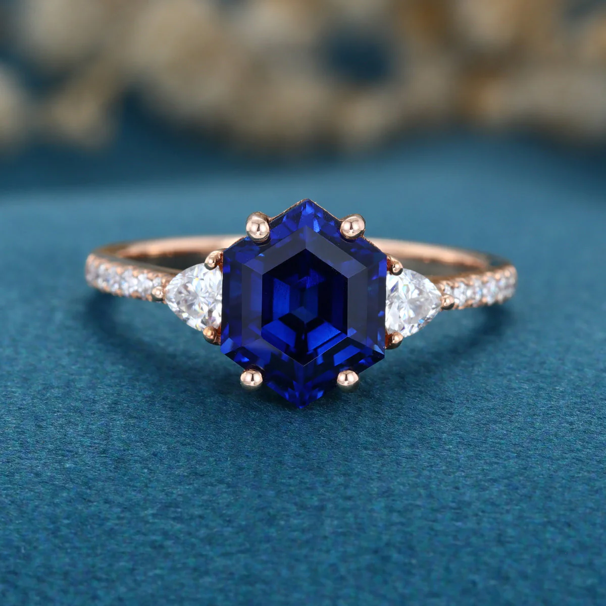 Hexagon cut Lab Blue Sapphire Solid Gold Engagement Ring - Image 7