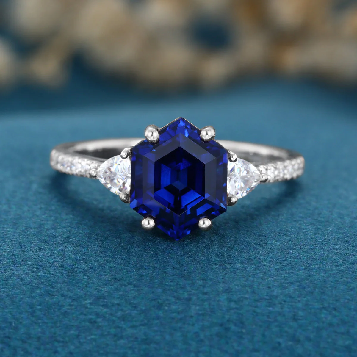 Hexagon cut Lab Blue Sapphire Solid Gold Engagement Ring - Image 8
