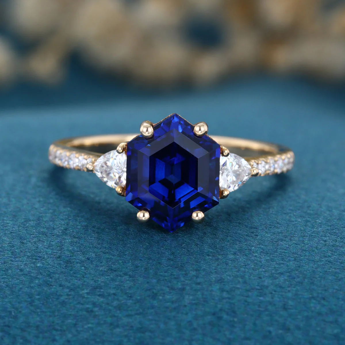 Hexagon cut Lab Blue Sapphire Solid Gold Engagement Ring - Image 9