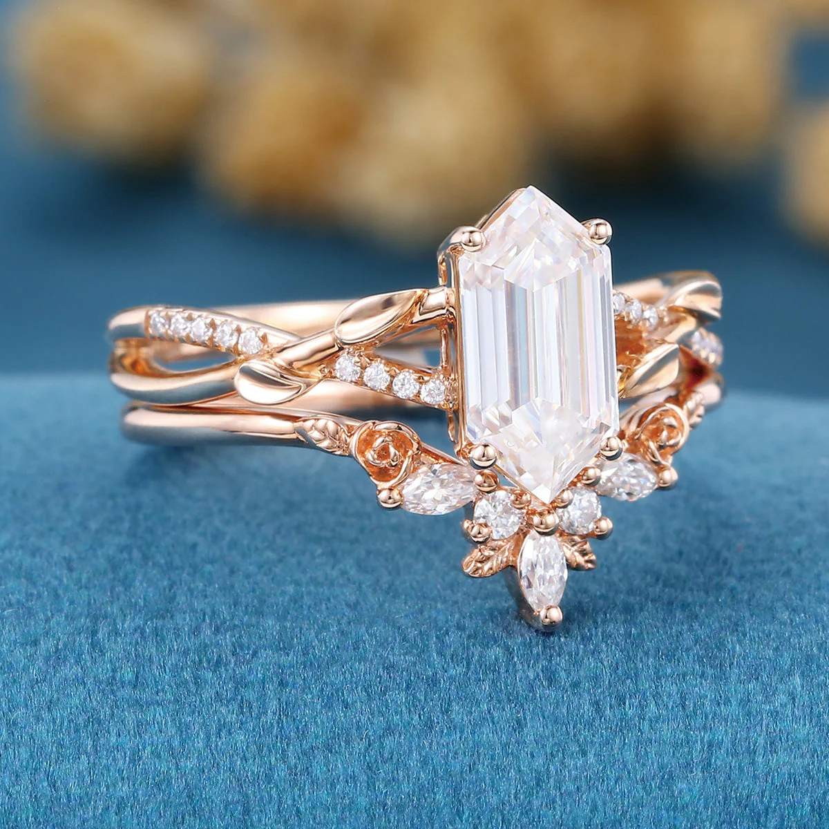 Hexagon cut Moissanite Engagement Ring diamonds Rose Gold Wedding Bridal Set - Image 5