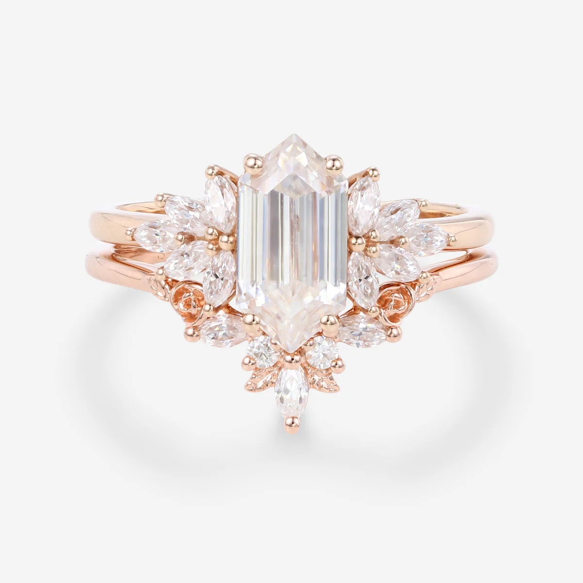 Hexagon cut Moissanite Engagement Ring Cluster diamonds Rose Gold Wedding Bridal Set