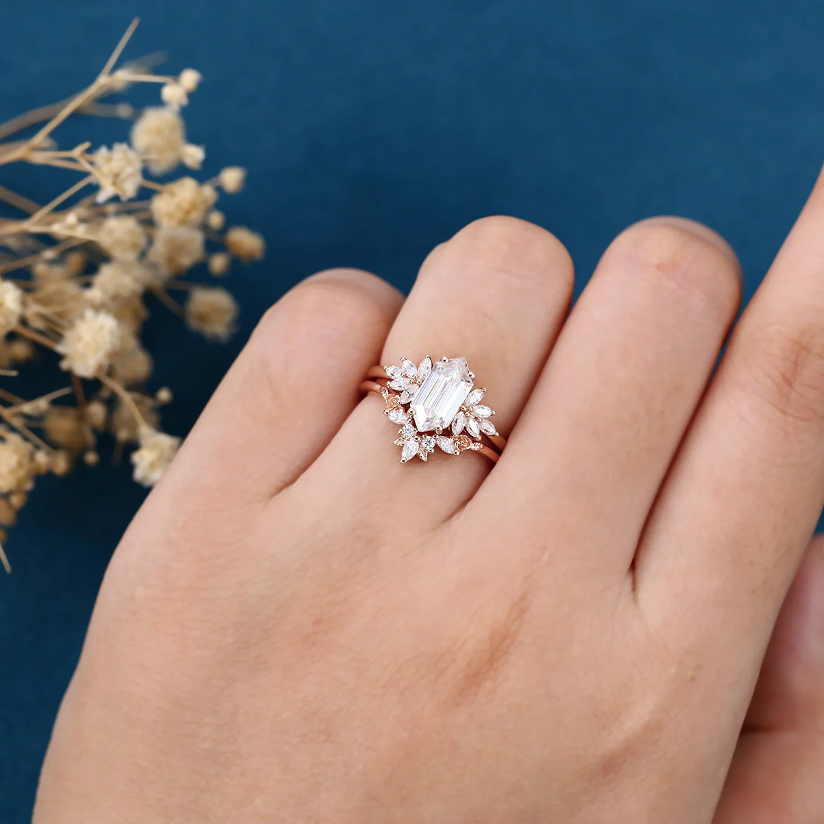 Hexagon cut Moissanite Engagement Ring Cluster diamonds Rose Gold Wedding Bridal Set - Image 2