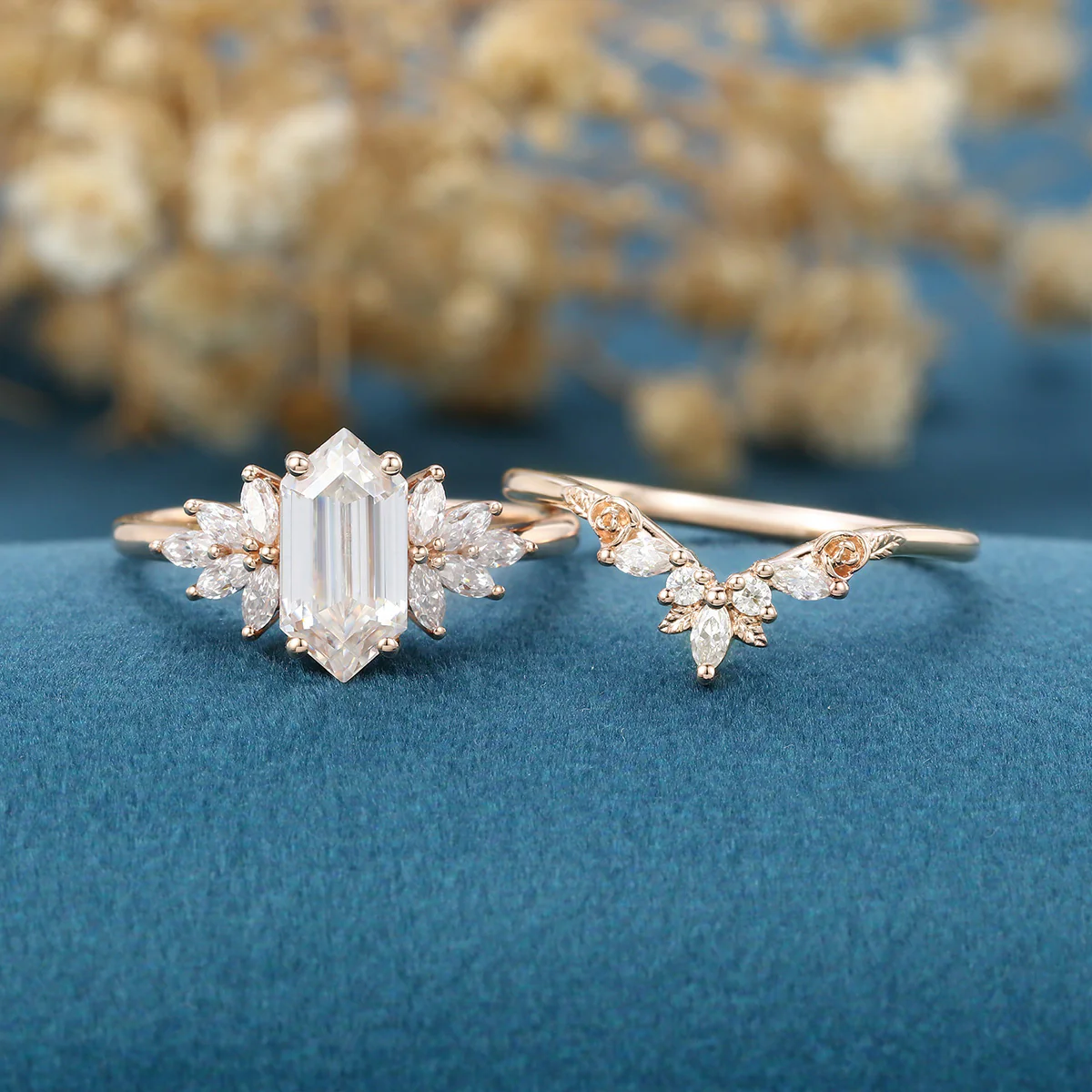 Hexagon cut Moissanite Engagement Ring Cluster diamonds Rose Gold Wedding Bridal Set - Image 3