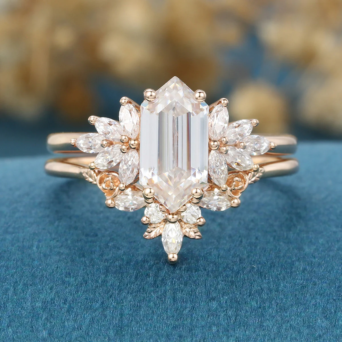 Hexagon cut Moissanite Engagement Ring Cluster diamonds Rose Gold Wedding Bridal Set - Image 4