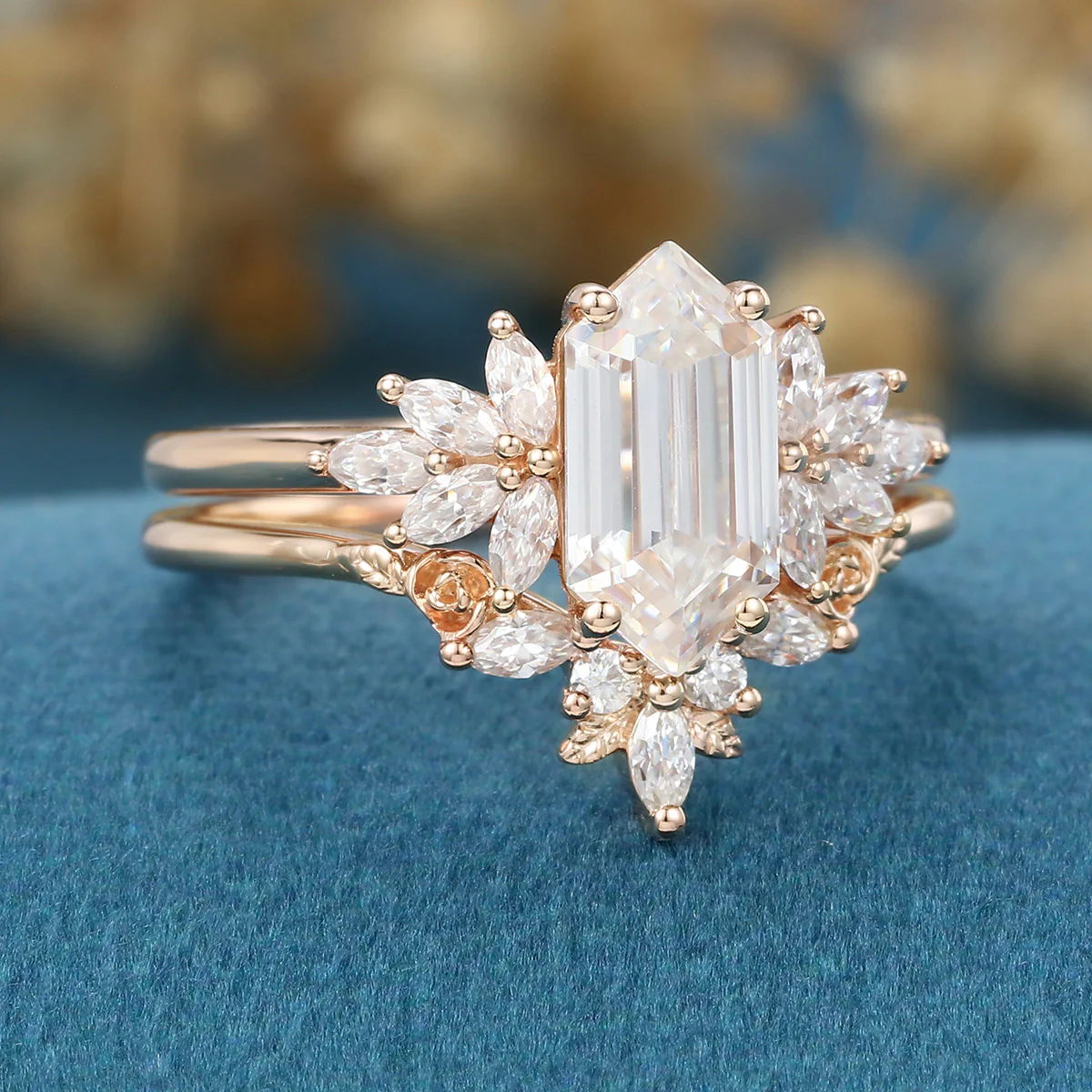 Hexagon cut Moissanite Engagement Ring Cluster diamonds Rose Gold Wedding Bridal Set - Image 5