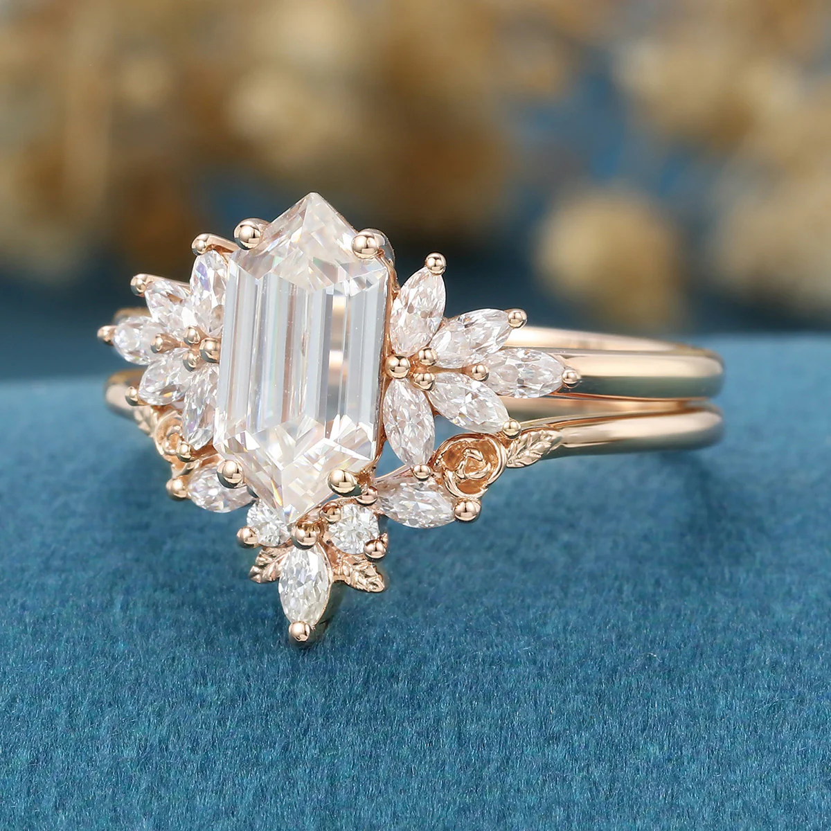 Hexagon cut Moissanite Engagement Ring Cluster diamonds Rose Gold Wedding Bridal Set - Image 6