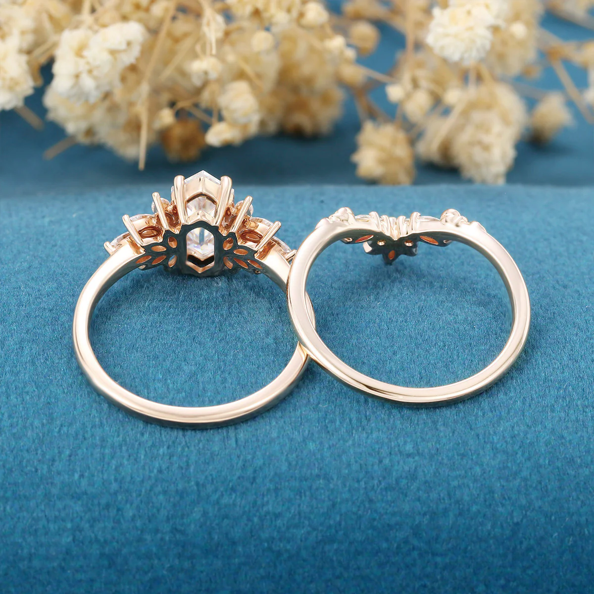 Hexagon cut Moissanite Engagement Ring Cluster diamonds Rose Gold Wedding Bridal Set - Image 7