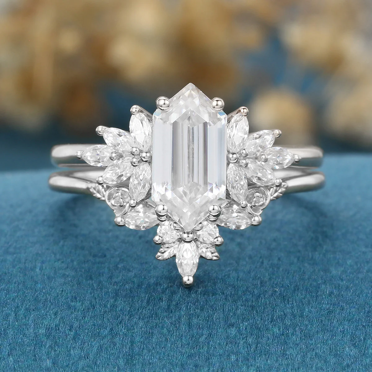 Hexagon cut Moissanite Engagement Ring Cluster diamonds Rose Gold Wedding Bridal Set - Image 8
