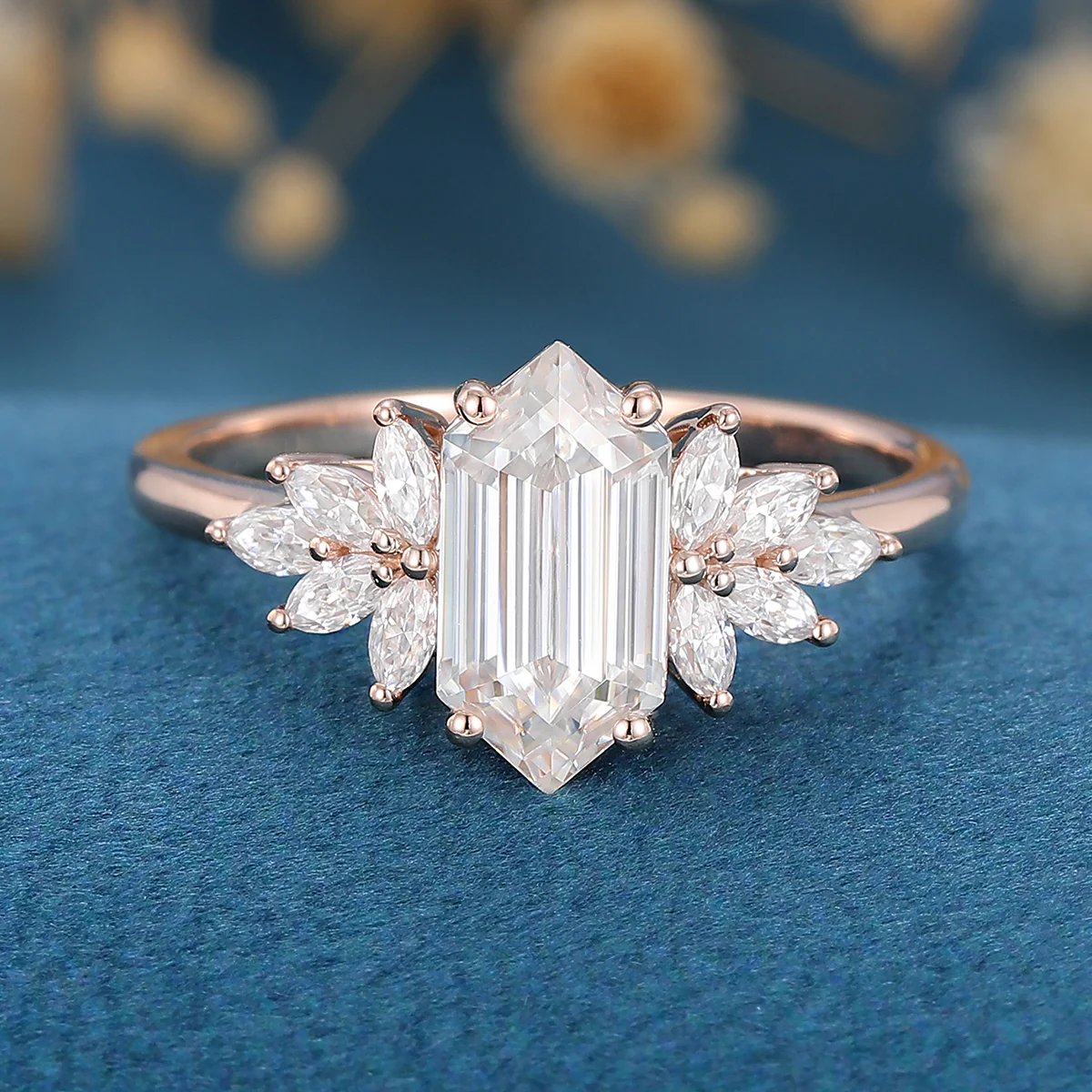 1.0 Carat Hexagon cut Moissanite Cluster Engagement ring - Image 3
