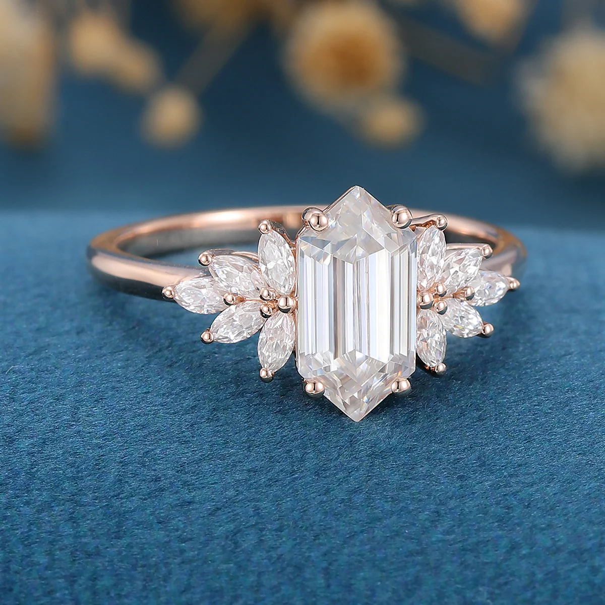 1.0 Carat Hexagon cut Moissanite Cluster Engagement ring - Image 4