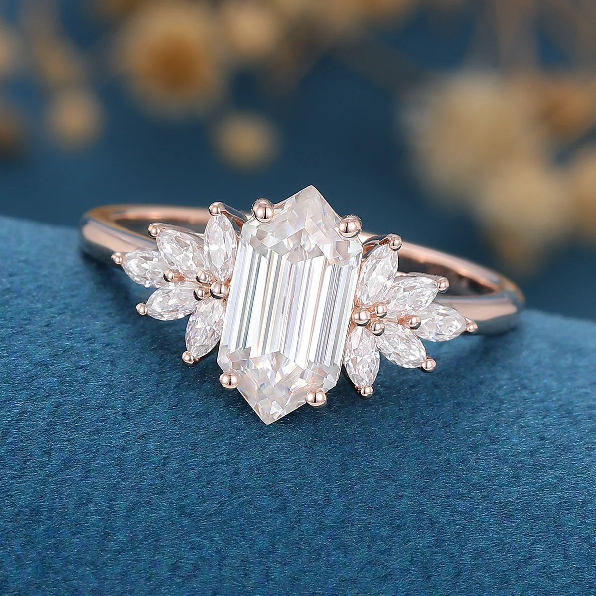 1.0 Carat Hexagon cut Moissanite Cluster Engagement ring - Image 5
