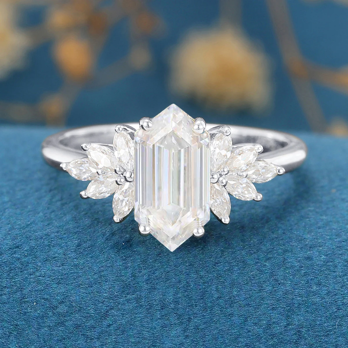 1.0 Carat Hexagon cut Moissanite Cluster Engagement ring - Image 7