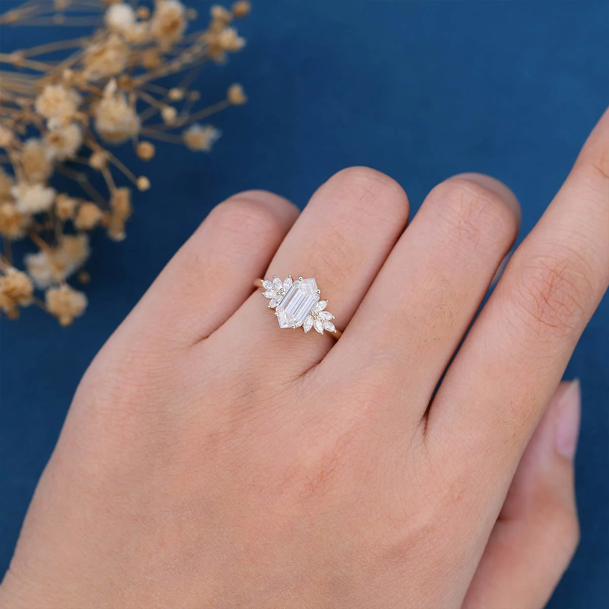 1.0 Carat Hexagon cut Moissanite Cluster Engagement ring - Image 9