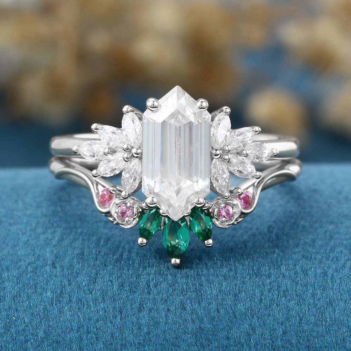 Hexagon cut Moissanite Matching Diamonds | Lab Grown Emerald |  Natural Pink Sapphires  Rose Gold Wedding Bridal Set - Image 4
