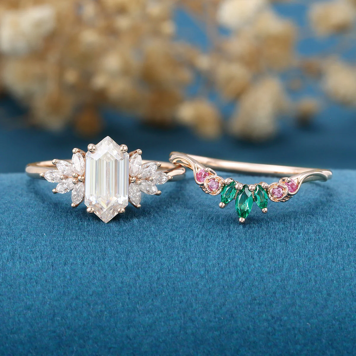 Hexagon cut Moissanite Matching Diamonds | Lab Grown Emerald |  Natural Pink Sapphires  Rose Gold Wedding Bridal Set - Image 8