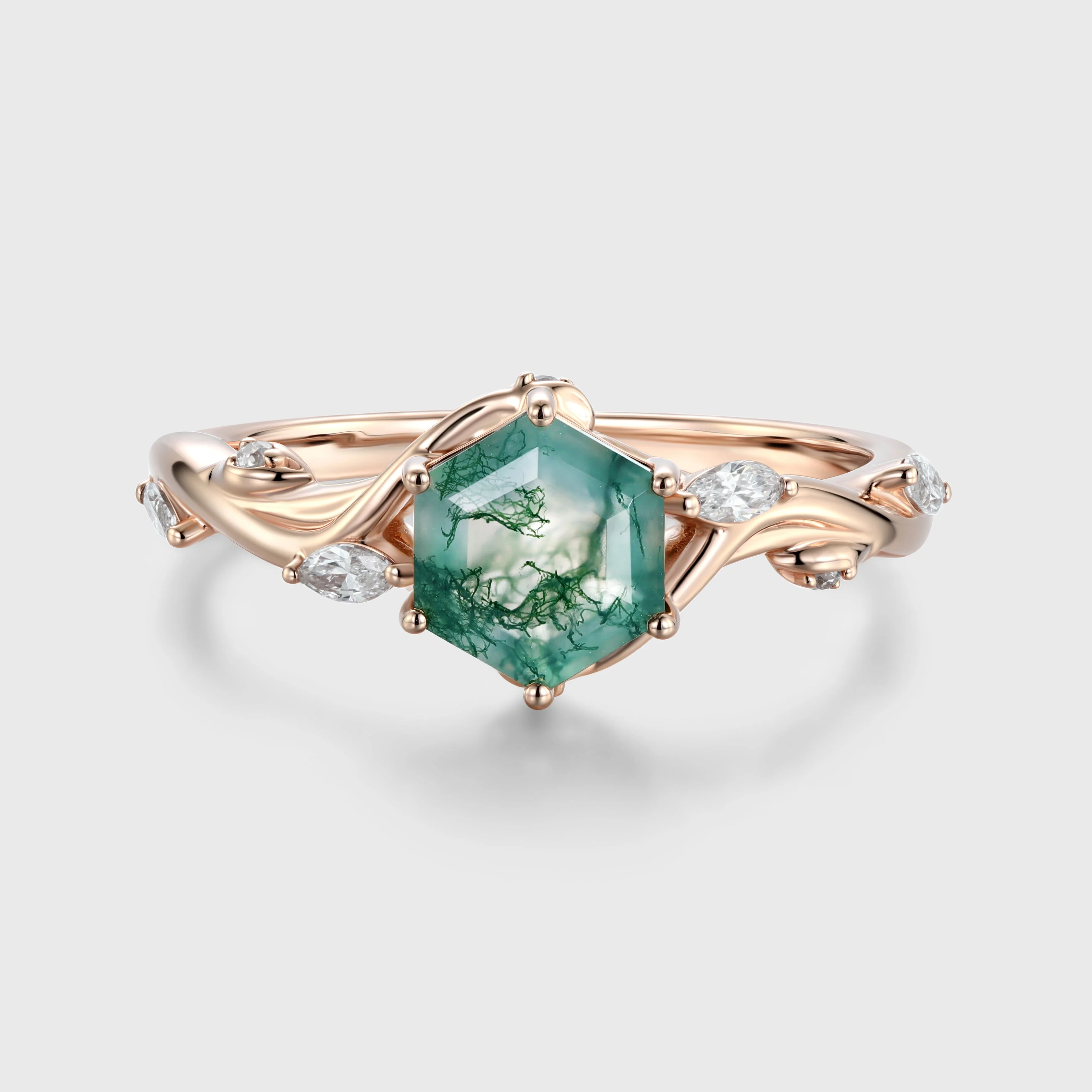 Inspired Hexagon Cut Natural Green Moss Agate Engagement Ring