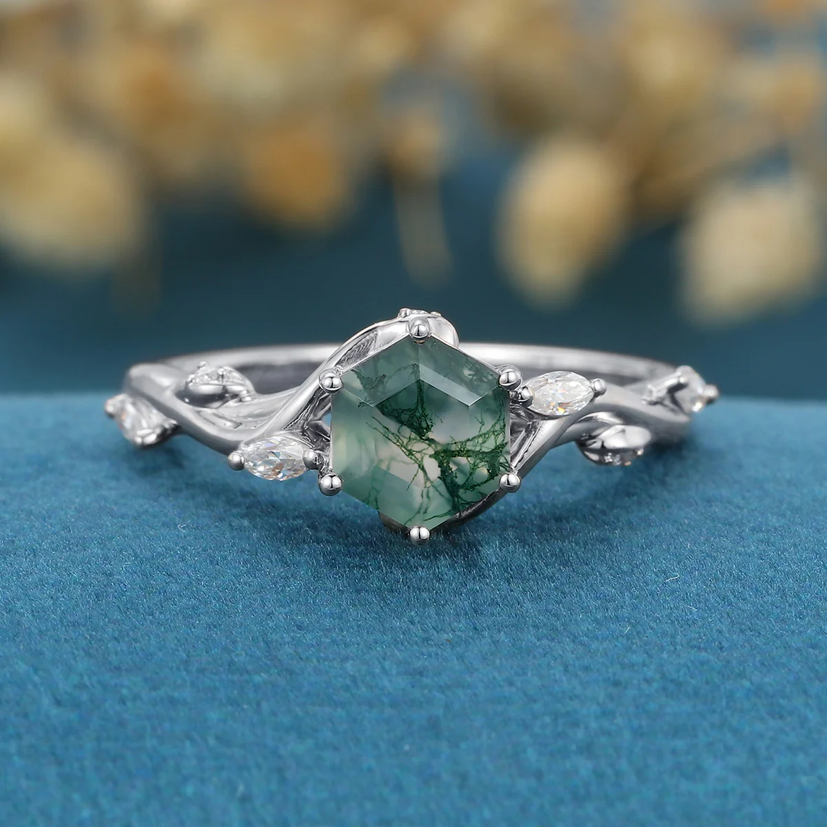 Inspired Hexagon Cut Natural Green Moss Agate Engagement Ring - Image 11