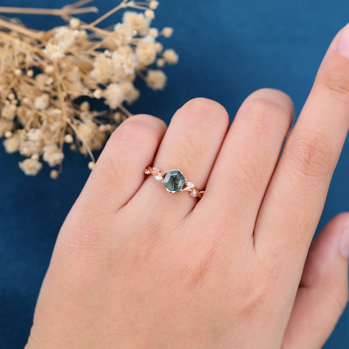 Inspired Hexagon Cut Natural Green Moss Agate Engagement Ring - Image 2