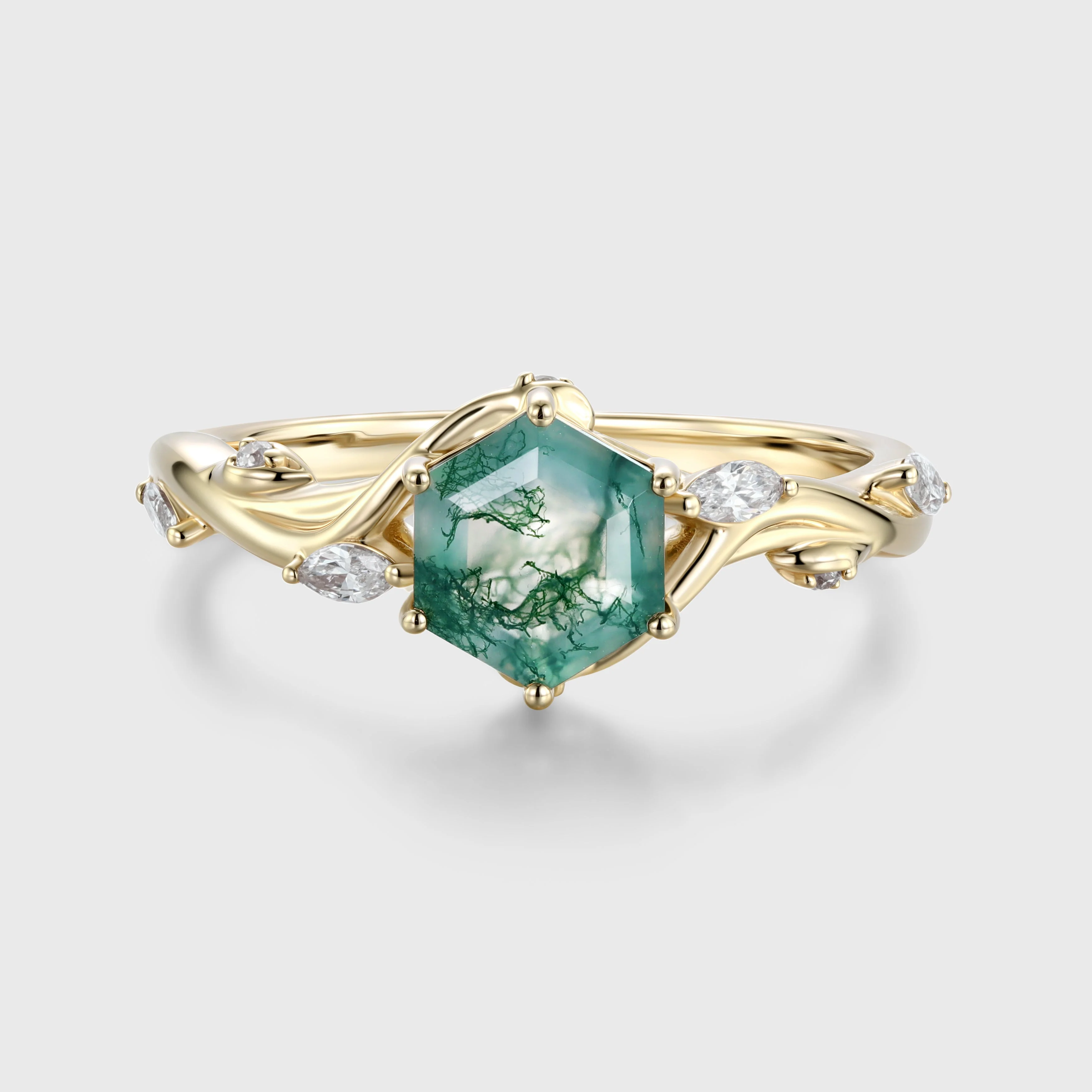 Inspired Hexagon Cut Natural Green Moss Agate Engagement Ring - Image 3