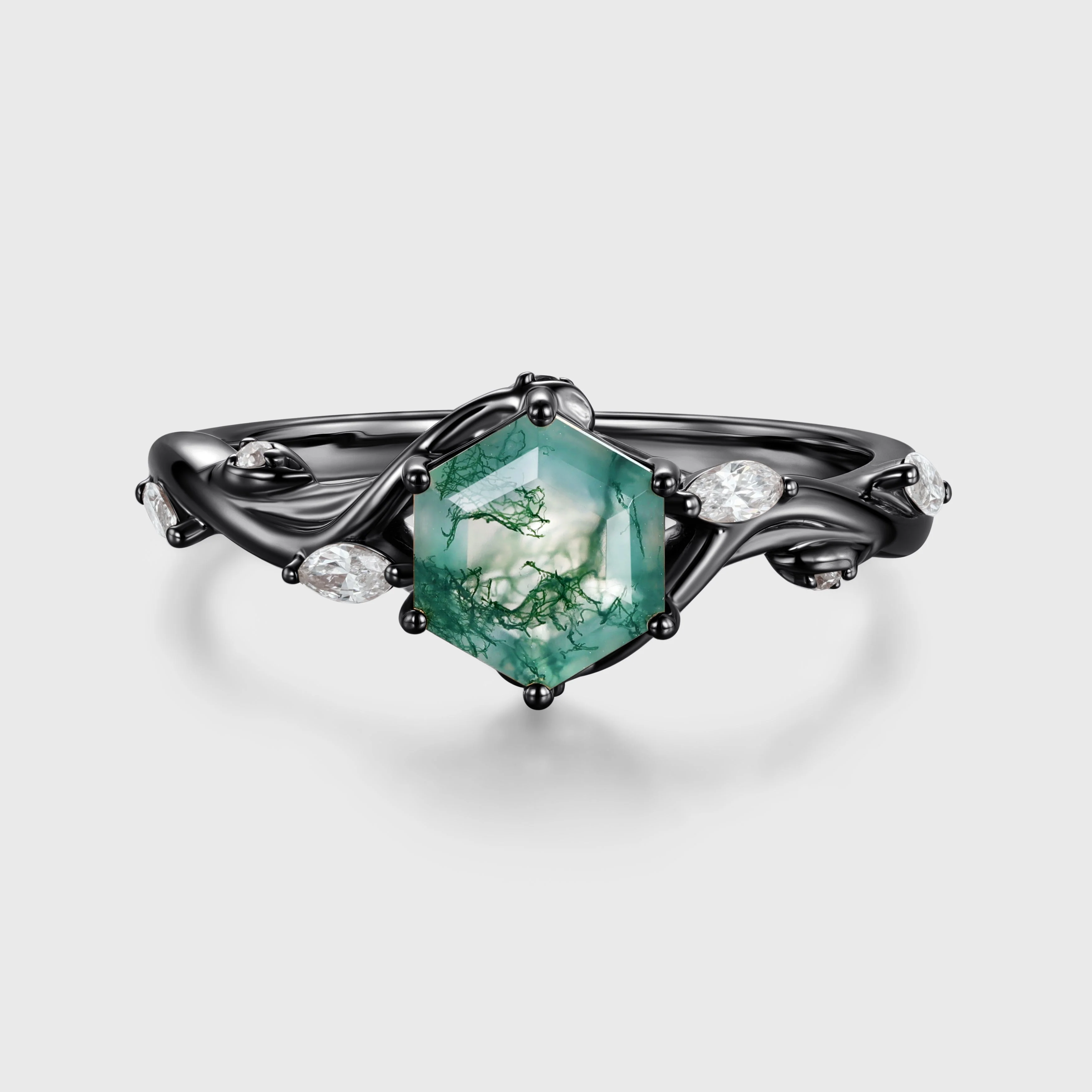 Inspired Hexagon Cut Natural Green Moss Agate Engagement Ring - Image 4