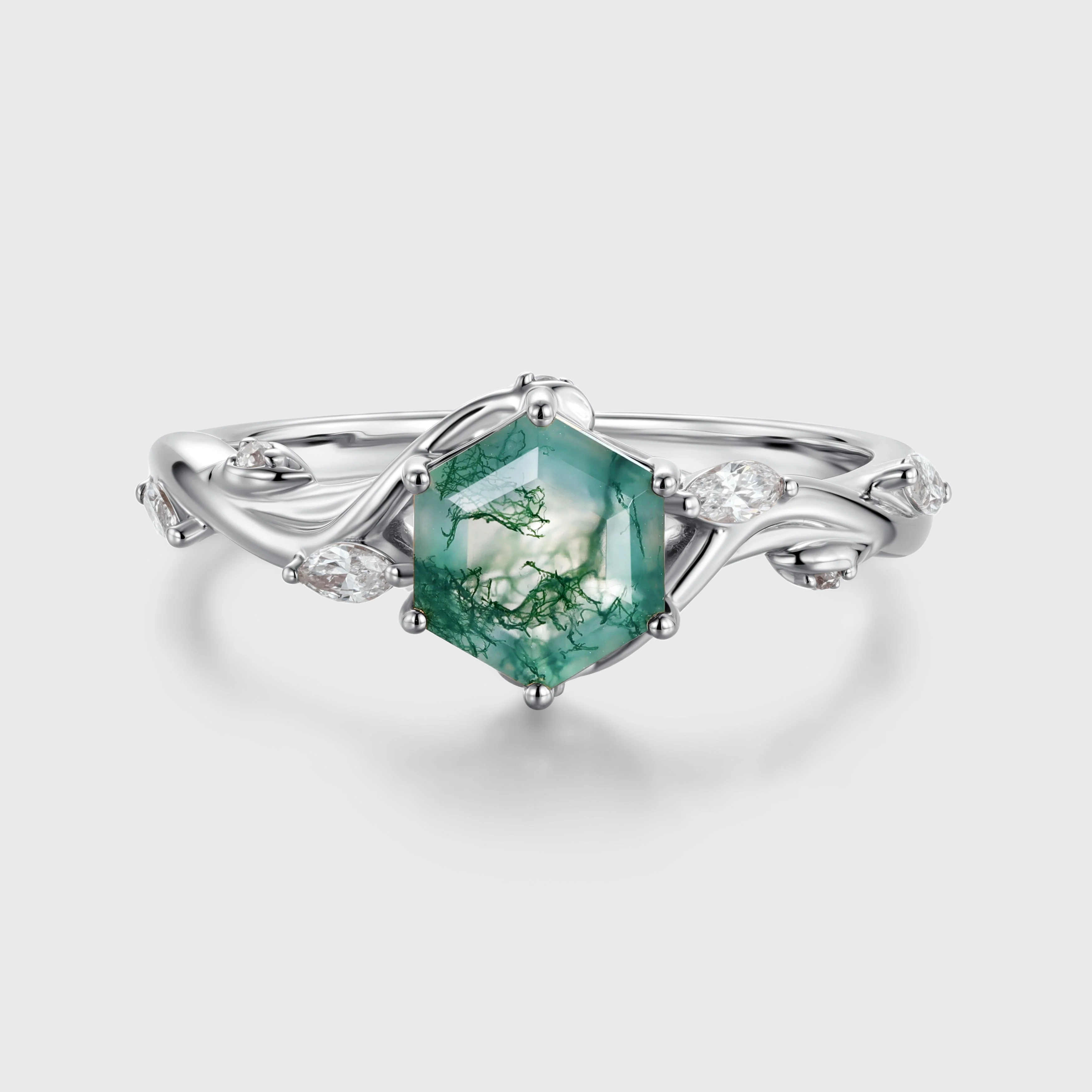 Inspired Hexagon Cut Natural Green Moss Agate Engagement Ring - Image 5