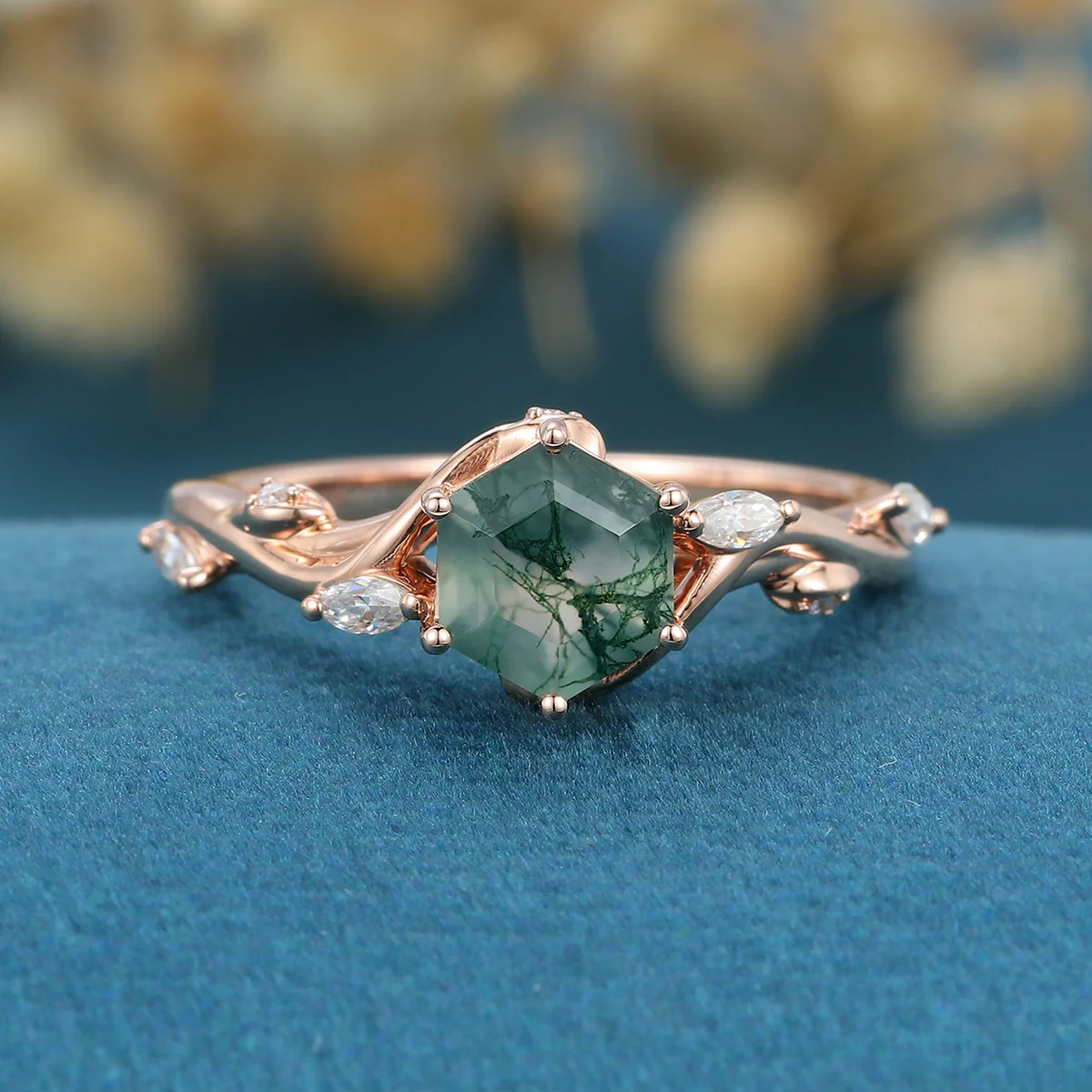 Inspired Hexagon Cut Natural Green Moss Agate Engagement Ring - Image 6