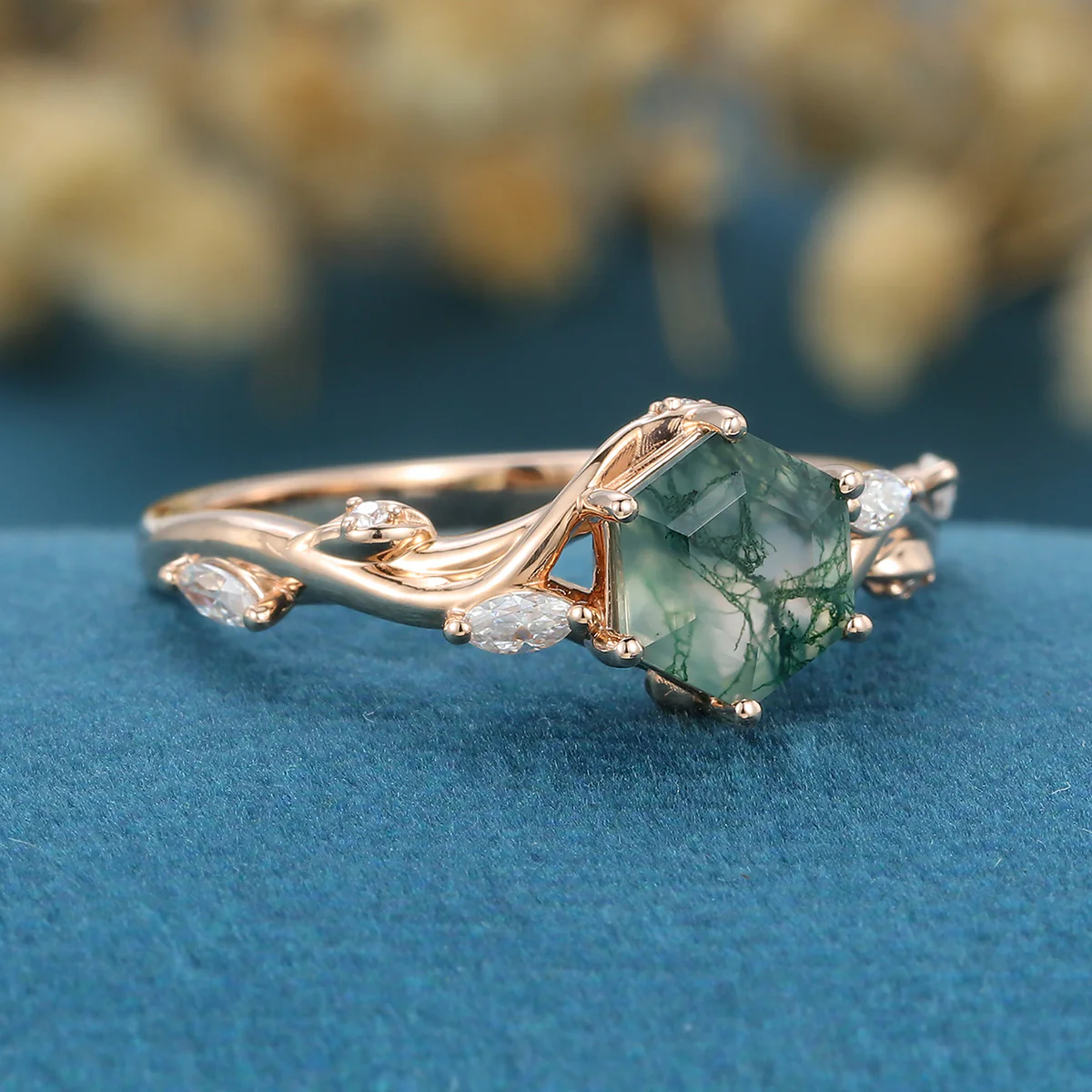 Inspired Hexagon Cut Natural Green Moss Agate Engagement Ring - Image 7