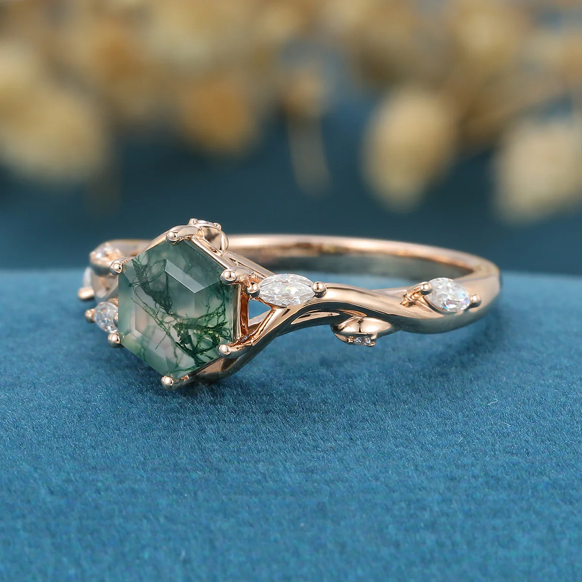 Inspired Hexagon Cut Natural Green Moss Agate Engagement Ring - Image 8