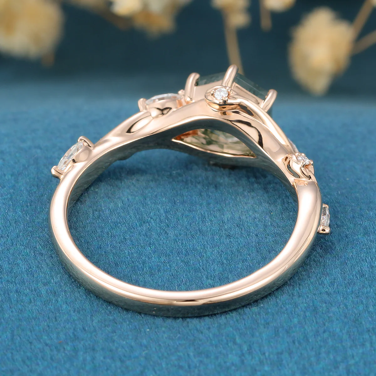 Inspired Hexagon Cut Natural Green Moss Agate Engagement Ring - Image 9