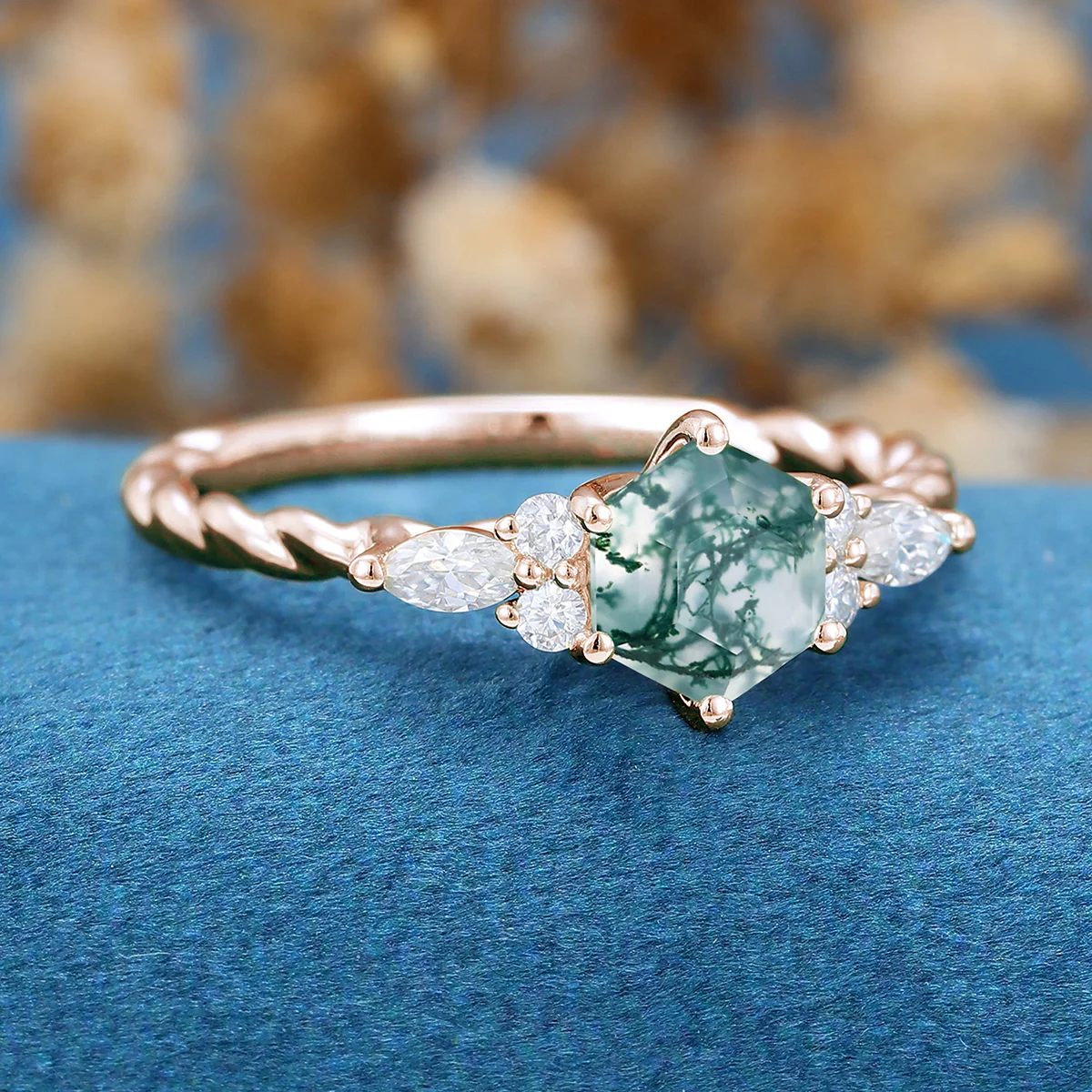 Hexagon Cut Natural Green Moss Agate Cluster Engagement Ring - Image 4