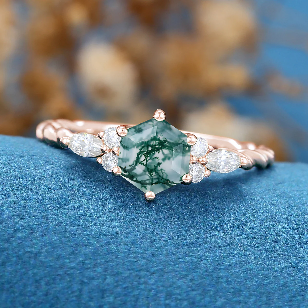 Hexagon Cut Natural Green Moss Agate Cluster Engagement Ring - Image 5