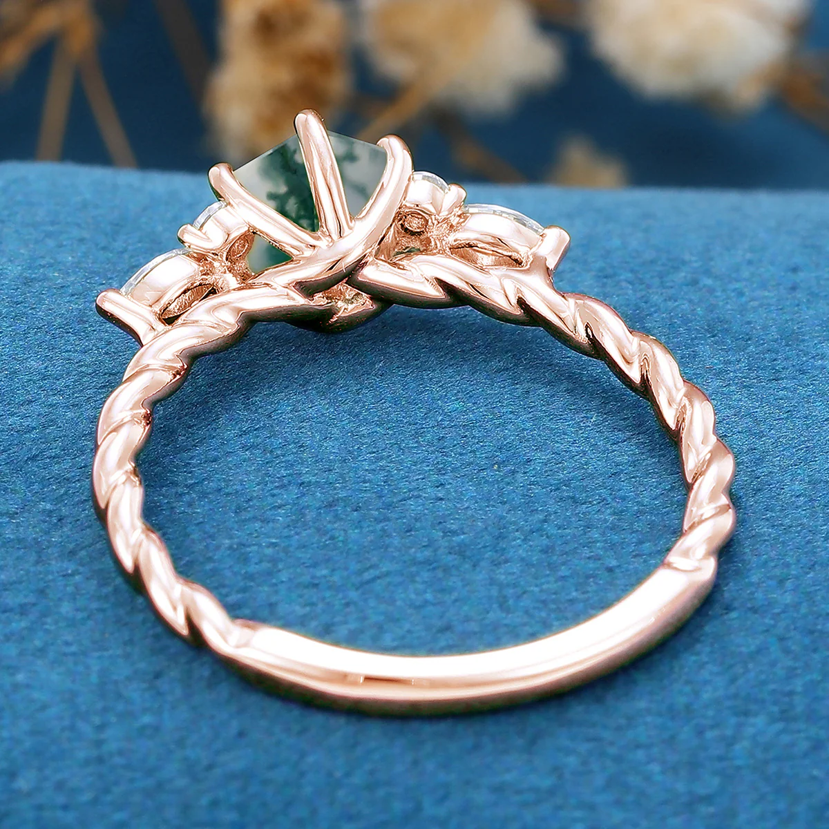 Hexagon Cut Natural Green Moss Agate Cluster Engagement Ring - Image 6