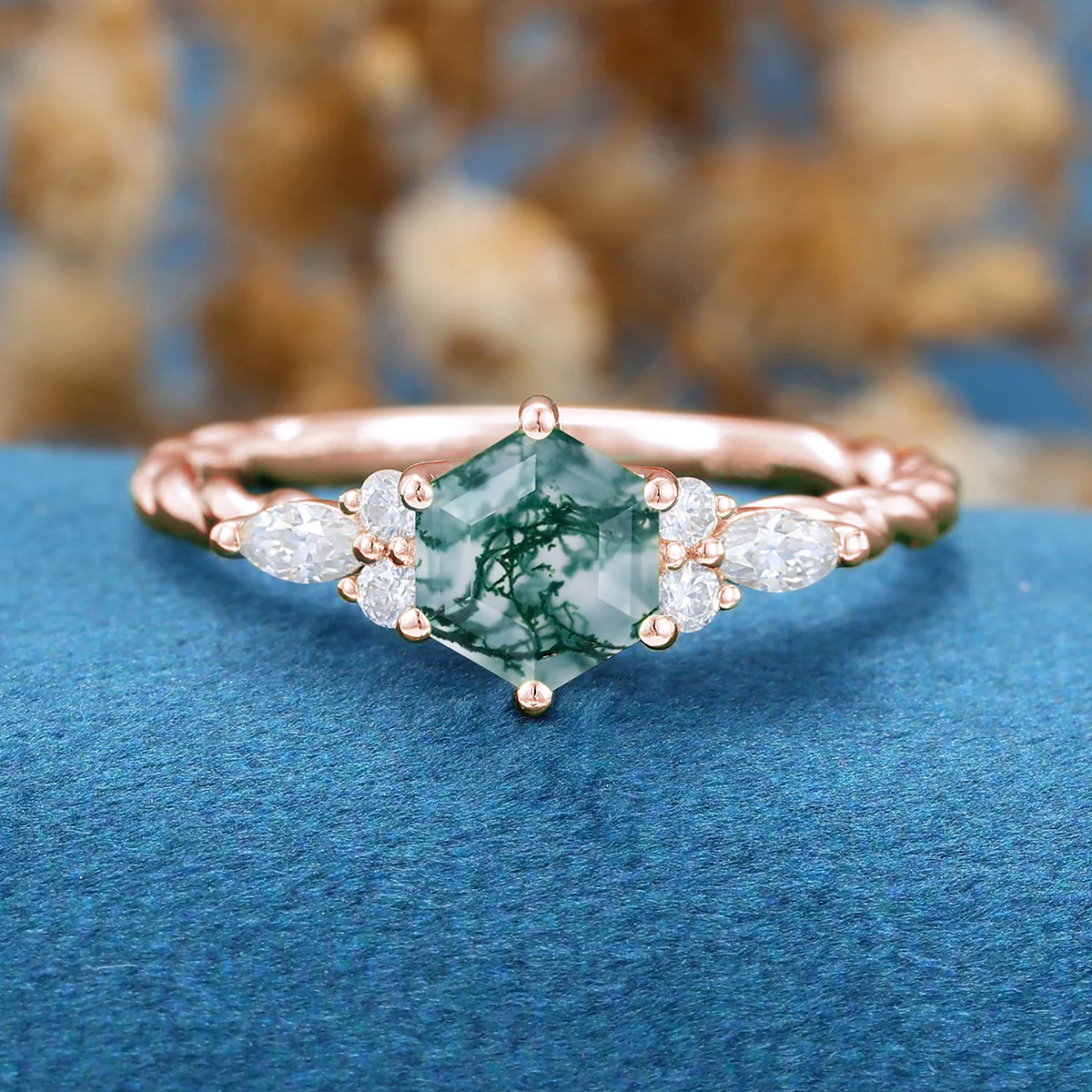 Hexagon Cut Natural Green Moss Agate Cluster Engagement Ring - Image 7