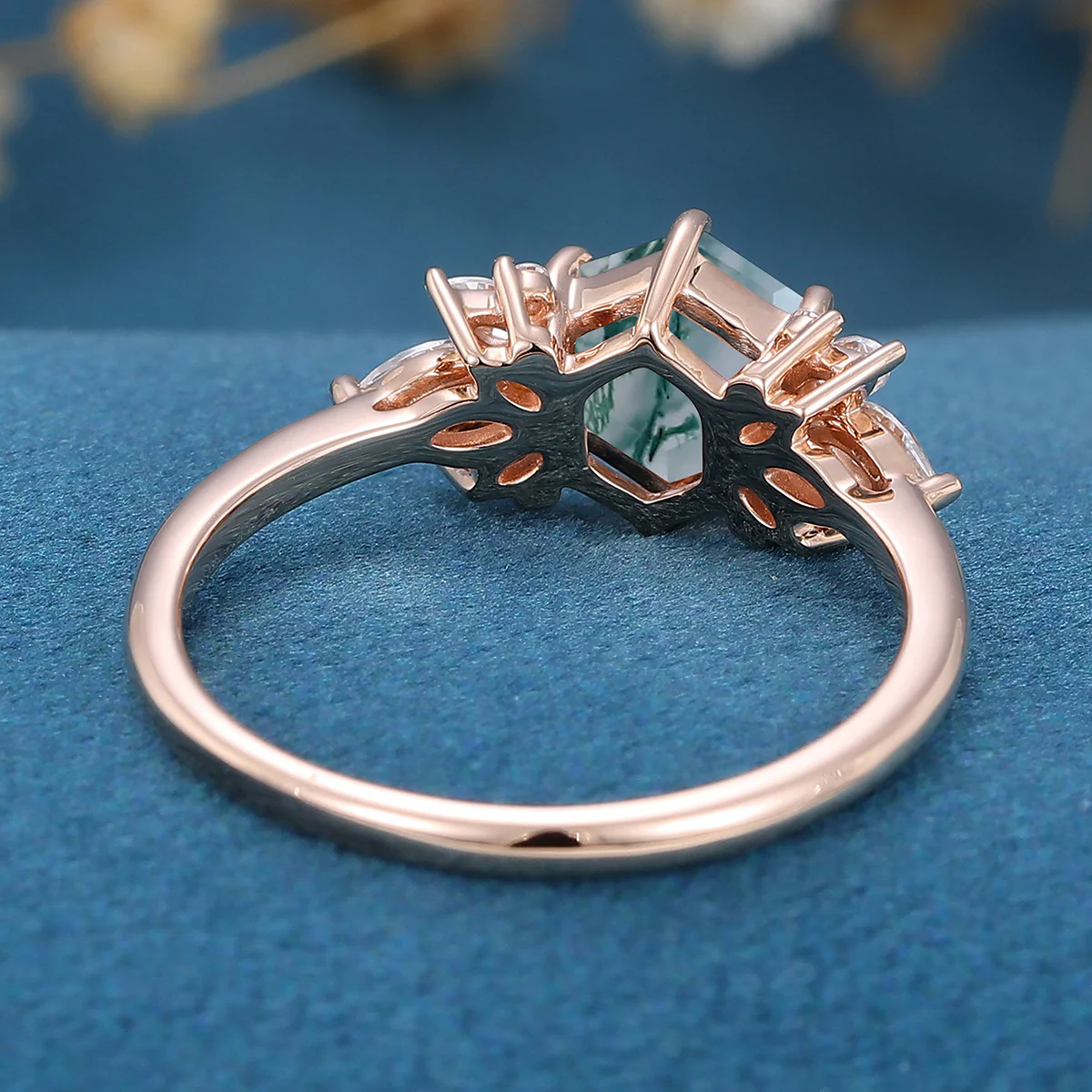 Hexagon Cut Natural Green Moss Agate Cluster Engagement Ring - Image 6