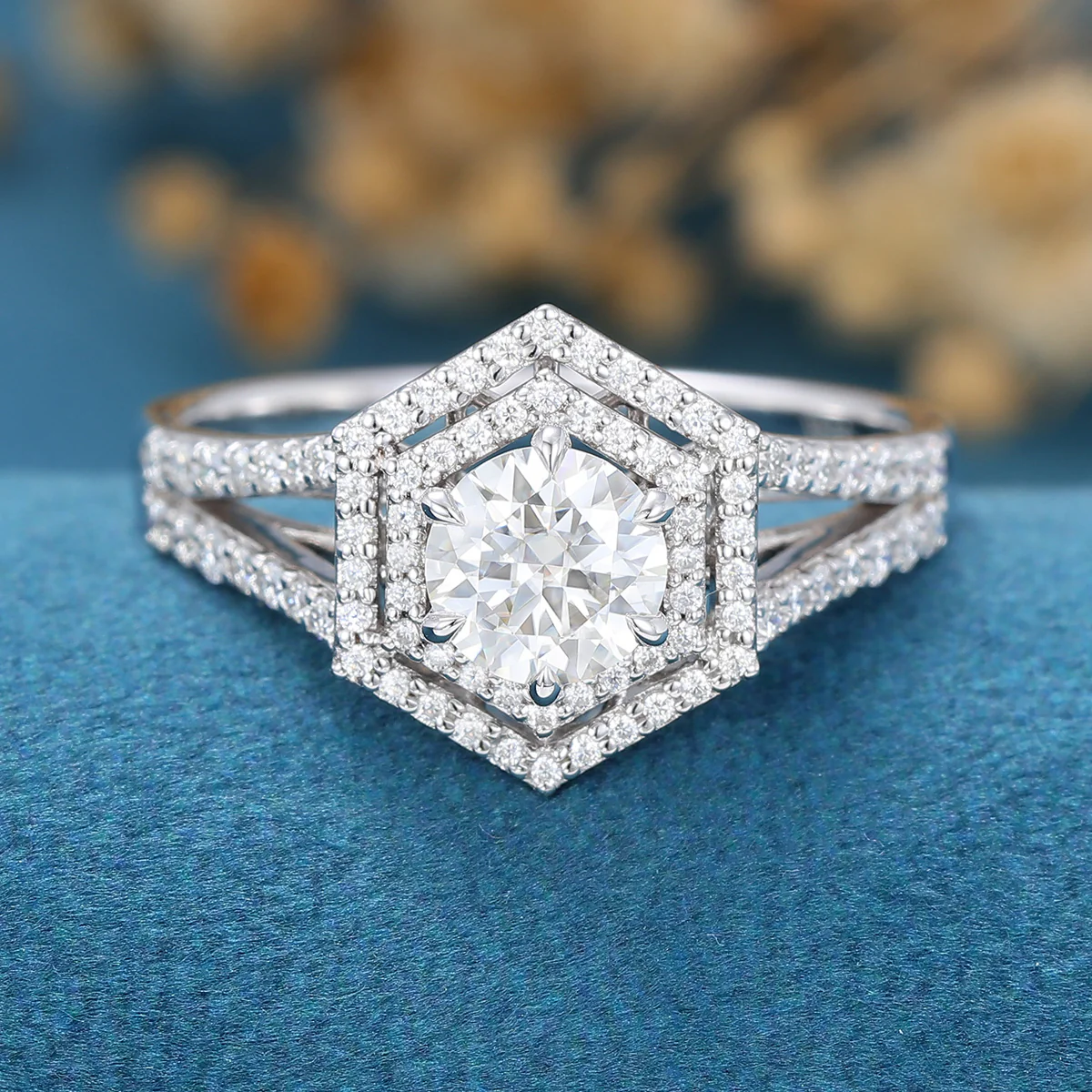 Hexagon shaped Moissanite Halo Engagement Ring - Image 3