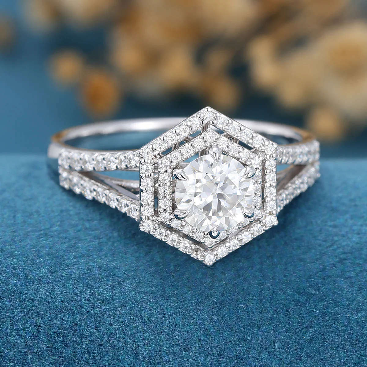 Hexagon shaped Moissanite Halo Engagement Ring - Image 4