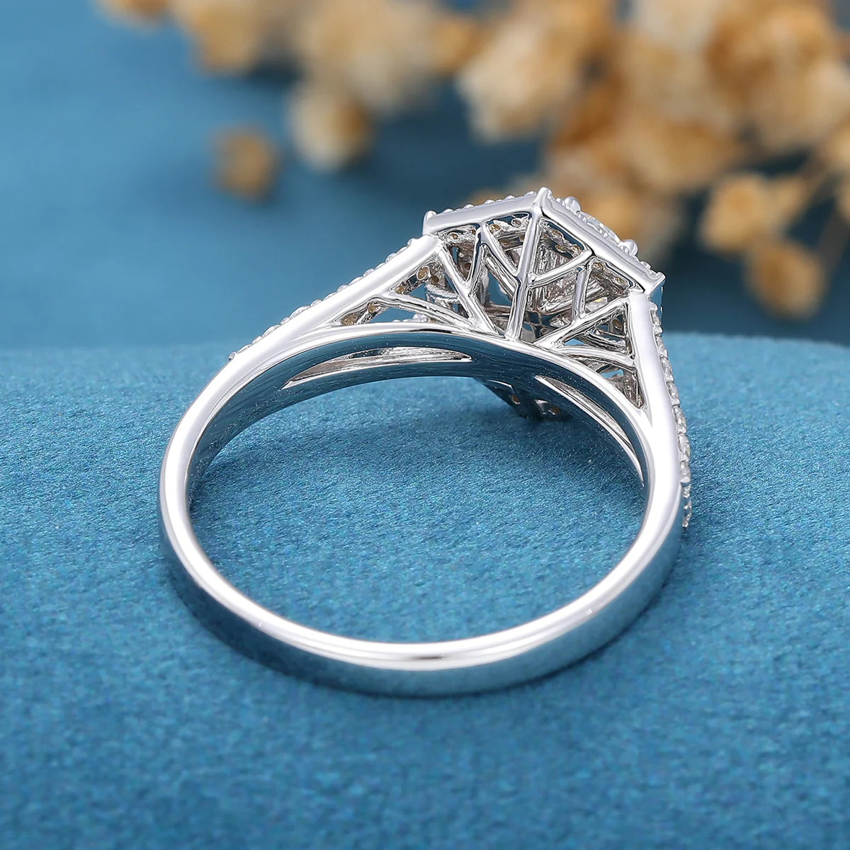 Hexagon shaped Moissanite Halo Engagement Ring - Image 5