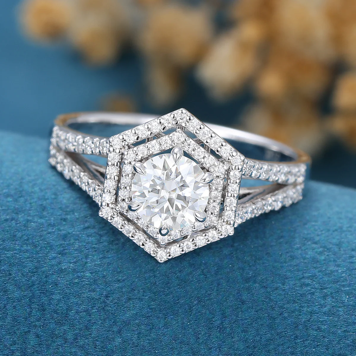 Hexagon shaped Moissanite Halo Engagement Ring - Image 6