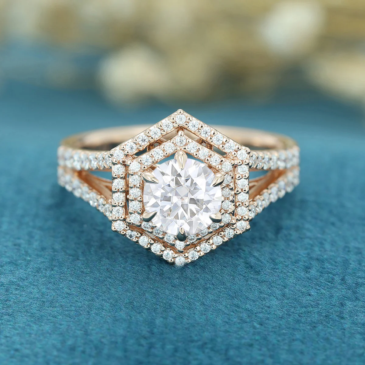 Hexagon shaped Moissanite Halo Engagement Ring - Image 8