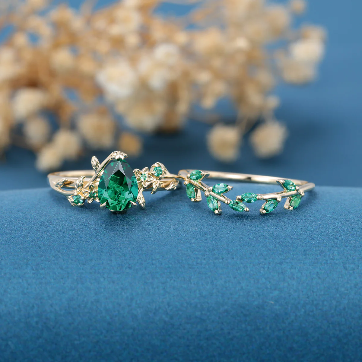 Inspired Pear cut Emerald Solid Gold Wedding Bridal Set - Image 3