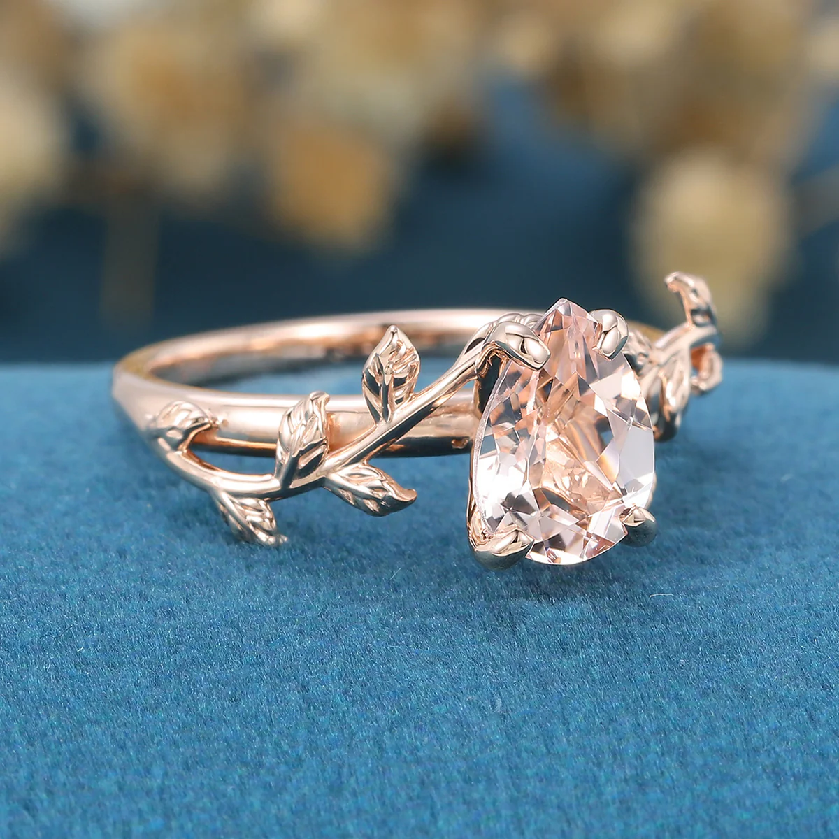 Inspired Pear cut Pink Morganite Solid Gold Engagement Ring - Image 3