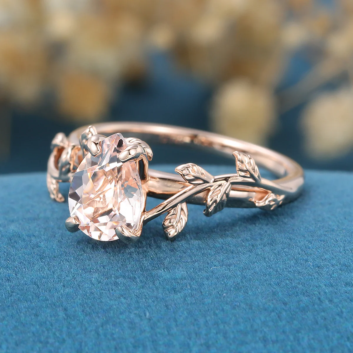 Inspired Pear cut Pink Morganite Solid Gold Engagement Ring - Image 4
