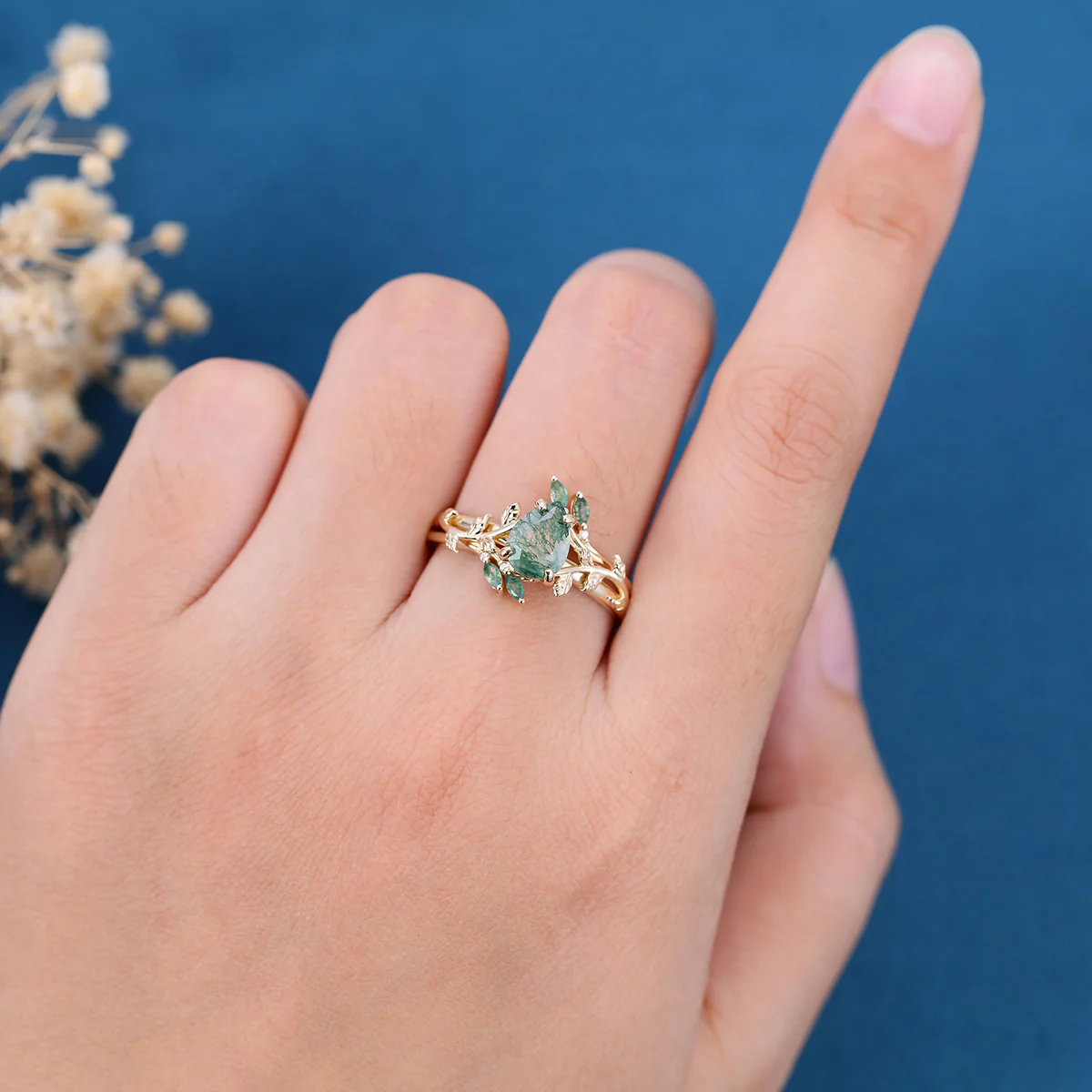 Inspired Pear cut  Moss Agate Solid Gold Wedding Bridal Set - Image 2