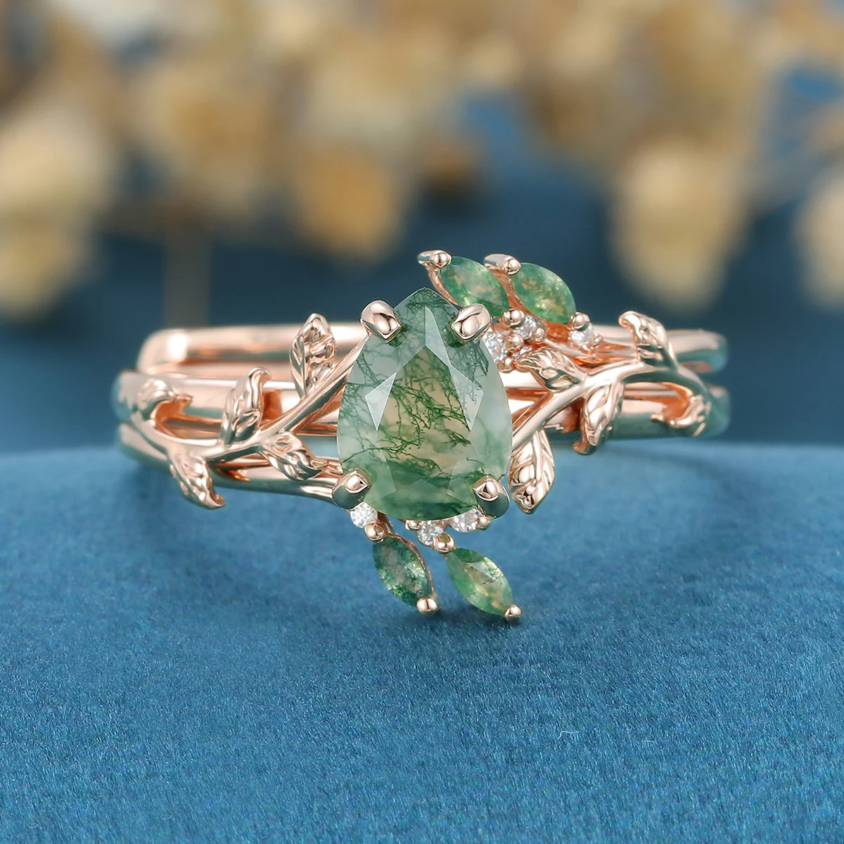 Inspired Pear cut  Moss Agate Solid Gold Wedding Bridal Set - Image 3